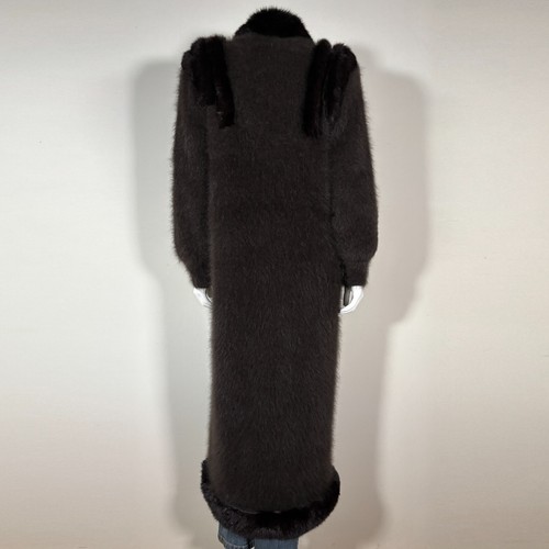 80% Angora Fuzzy Vintage LADY MONICA Brown Fur Trim Long Sweater Coat 46 in bust - Picture 2 of 10