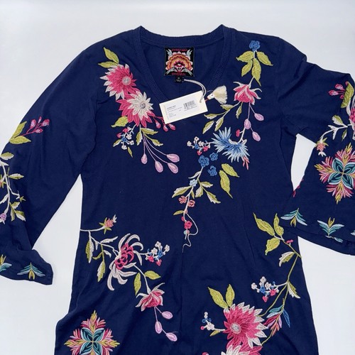 Johnny Was Julie Midi Tee Dress Navy Embroider Cotton Knit Kimono Sleeve XS;NWT - Picture 18 of 22