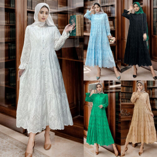 Muslim Women Fashion Lace Hollow Kaftan Maxi Dress Islamic Abaya Casual Caftan - Picture 15 of 25