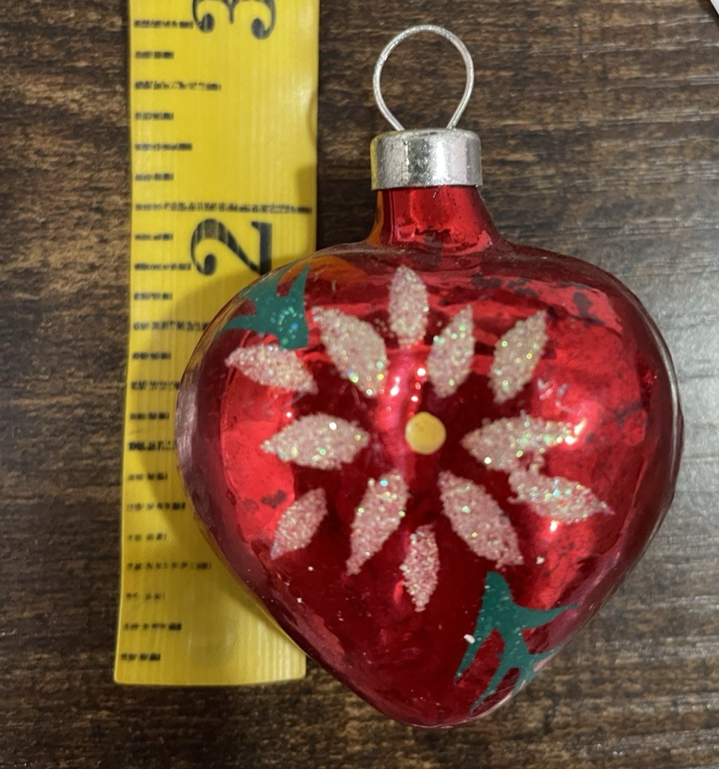 Red HEART Christmas Tree Ornament 2 1/4 Glitter POINSETTIA Mercury Glass VINTAGE