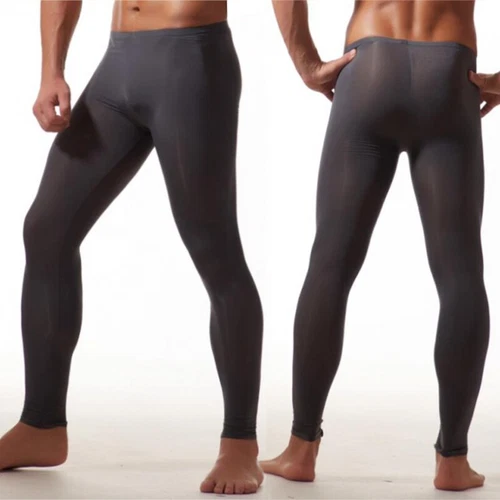 Men Sexy Ice Silk Leggings Sheer See-through Slim Tight Long Johns Trousers - Picture 3 of 33