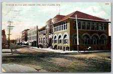 c1912 Ingram Block & Grand Avenue Eau Claire Wisconsin ANTIQUE Postcard 3516