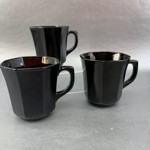 Arcoroc France BLACK Glass Octagonal Tea Coffee Cups Mugs Vintage Set Of 3