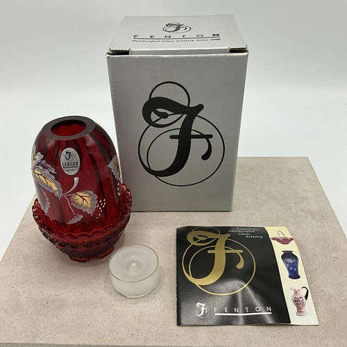 Fenton Ruby Red Art Glass Fairy Lamp Light Hand Painted Signed #597