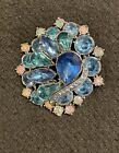 Ab 3 Tiered Rhinestone Estate Pin Vtg Brooch Costume Jewelry Sapphire Aquamarine