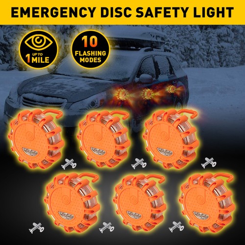 6PCS LED Road Flare Light Roadside Safety Beacon Disc Flashers Warning