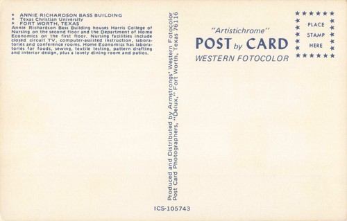Fort Worth TX Annie Richardson Bass Bldg Texas Christian University Postal de Colección - Imagen 2 de 2