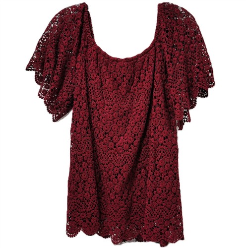 NWT Knox Rose Women's Size M Short Sleeve Boho Top Lined Crochet in Burgundy - Picture 4 of 8