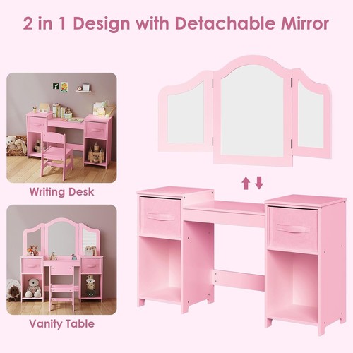 Kids Vanity Table Set Girls Makeup Dressing Desk & Chair With Tri-folding Mirror - Picture 7 of 8