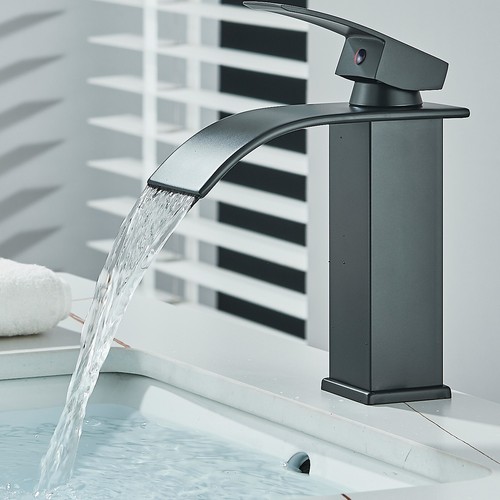 Matte Black Bathroom Basin Faucet Waterfall sink Vanity Mixer Taps Single Handle - Picture 3 of 10