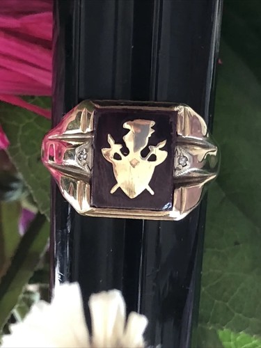 10KT YELLOW GOLD MEN VINTAGE RING WITH RED AGATE SIZE 11.5 Solid weight 7.5 Fine - Picture 3 of 14