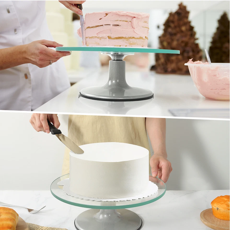 12'' Glass Cake Turntable Stand Tempered Glass Cake Decorating Rotating Stand - Image 3 of 4