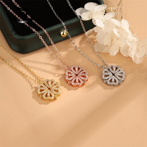 Necklace, Silver , 4Love hearts Leaves Clover flower pendant, 2 wearable options - Picture 19 of 21