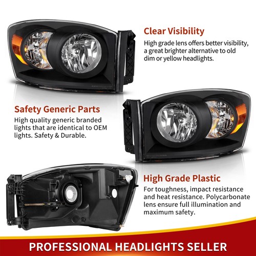 Headlights For 2006-2008 Dodge Ram 1500/2006-2009 Ram 2500 3500 Black Amber Pair - Picture 8 of 16