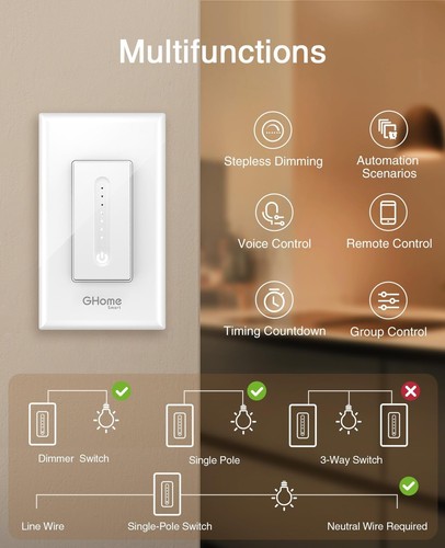 Ghome Smart Dimmer Switch Single Pole 2.4GHz Wi-Fi Smart Switch Dimmer Smart ... - Picture 2 of 8