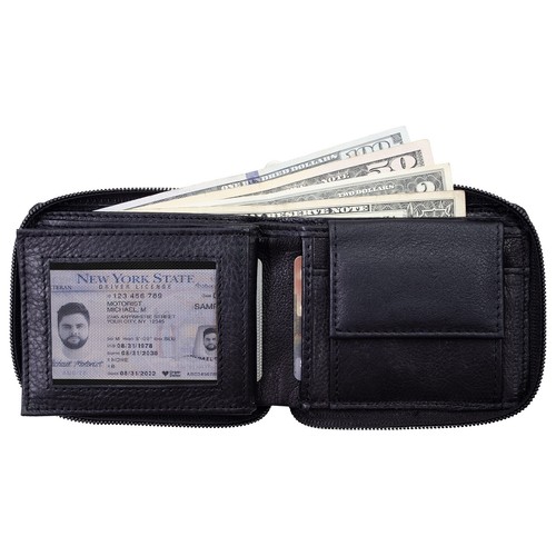 Men's Zipper RFID Blocking Premium Leather Zip-Around ID Bifold Wallet - Picture 3 of 11