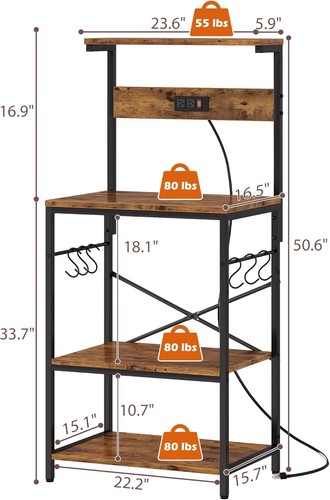 Kitchen Storage Shelf Rack with Power Outlet and 6 S-shaped Hooks - Rustic Brown - Picture 2 of 9