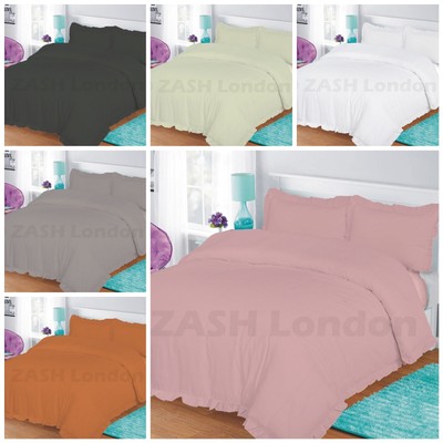 New Frilled Duvet Set Plain Dyed Poly Cotton Luxury Quilt Cover Or