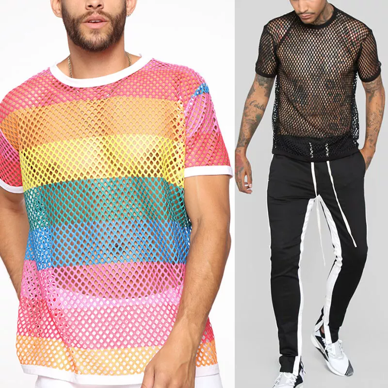 Men Rainbow Striped Fishnet Mesh T shirt Jersey Tops Breathable See Through Slim