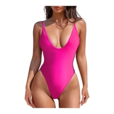 Zando Women’s VNeck Cheeky Hot Pink One Piece Swimsuit SzXL
