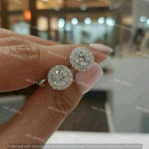 3 CT Round Cut Moissanite Screw Back Halo Stud Earrings Real 925 Sterling Silver - Picture 2 of 3