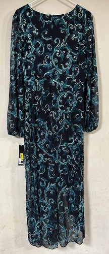 Leslie Fay Women's Hi Low Hem Dress Navy Floral Long Sleeve 12 Sheer W/Lining - Picture 2 of 4