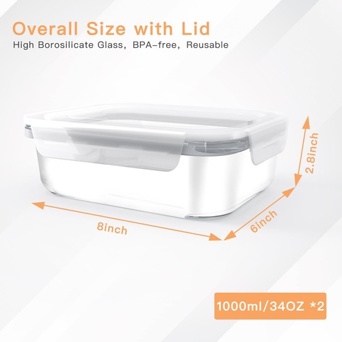 2 Pack(8.5 Cup) Large Glass Food Storage Containers with Lids, Meal Prep Cont... - Picture 4 of 9