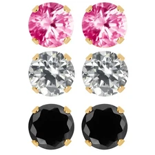 Set of 3 Round 6mm White Pink and Black CZ 18K Gold Plated Stud Earrings Set