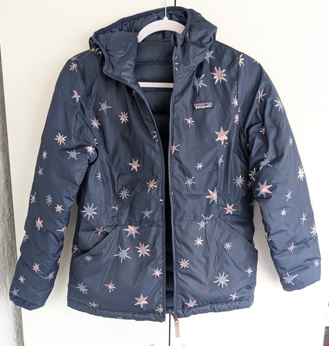 Patagonia Girls Hooded Reversible Puffer Jacket Navy Stars Youth L Pockets EUC - Afbeelding 1 van 11