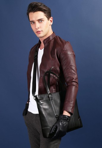 Leather handbag for men, black business briefcase, adjustable tote bag, cross... - Picture 2 of 9