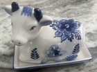 Delft Cow Butter Dish Ceramic Blue White Vintage Flowered Design Lid And Base