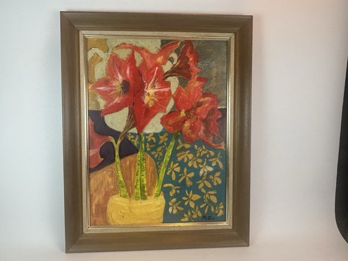 Dipinto olio originale di Pettus - Natura morta floreale rosso Amaryllis, incorniciato 30x26 - Foto 13 di 17