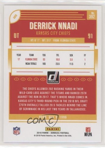2018 Panini Donruss Rookie Jersey Number /91 Derrick Nnadi #392 Rookie RC - Picture 2 of 4