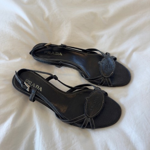 Prada Women’s Black Slingback Heels Size 38 Vintage Wood Buckle Sandals