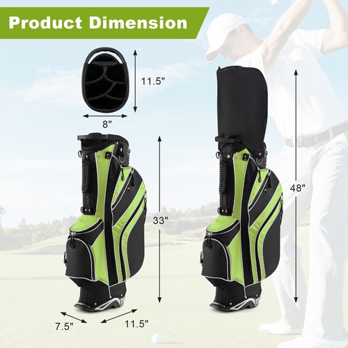 Lightweight Golf Stand Carry Bag W/6 Way Dividers & 8 Pockets Rain Hood Green - Picture 8 of 8