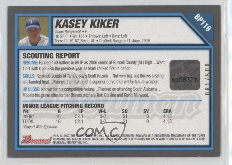2007 Bowman Prospects Blue /500 Kasey Kiker #BP116 Auto - Image 2 of 2