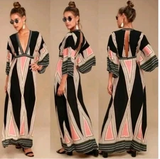 Lulus Montecito Dress Chic Black Print Maxi Womens Sz S Boho Festival NWT