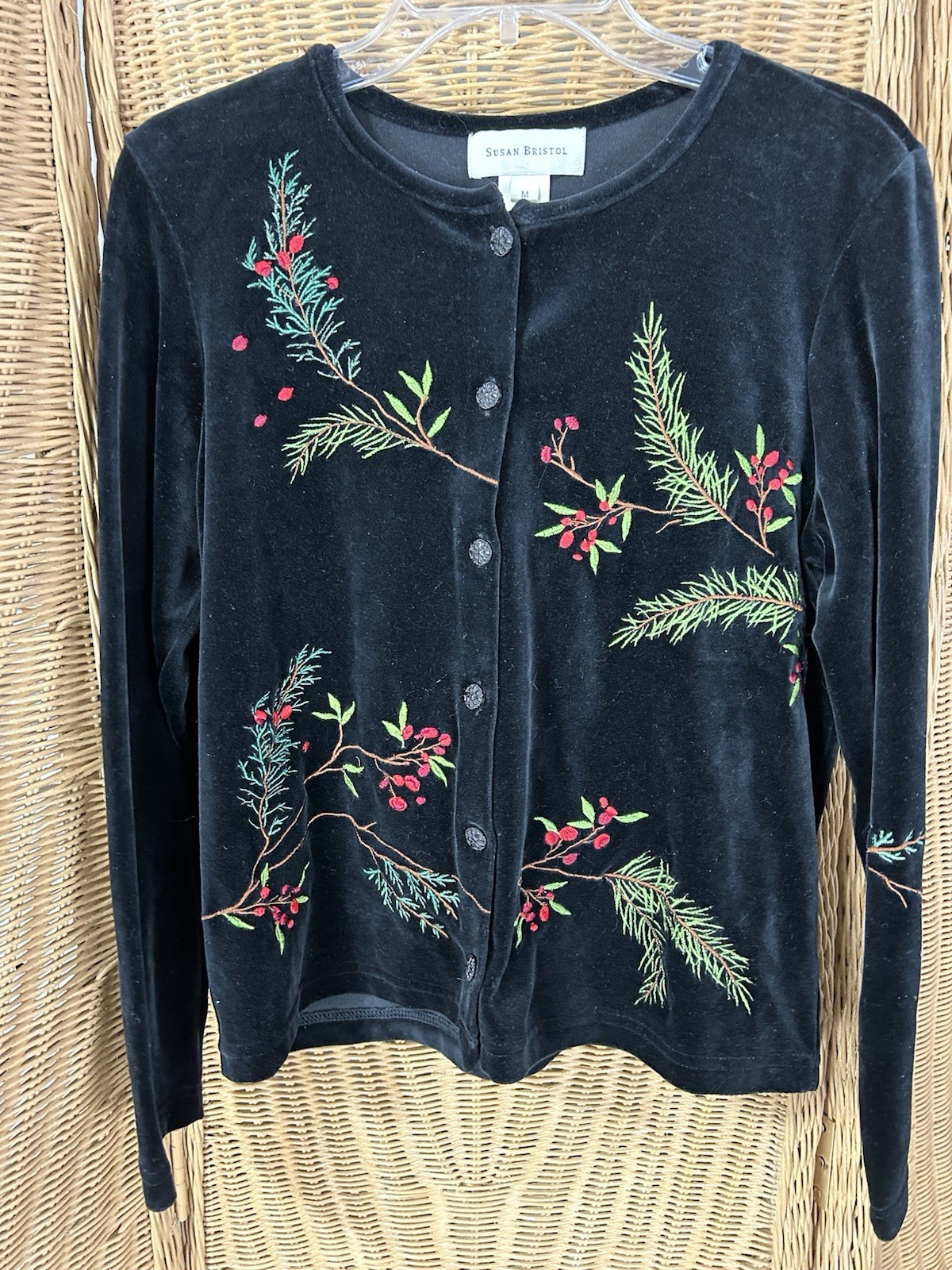 susan bristol cardigan Velvet Winter Pine Sprigs Berries Medium Christmas