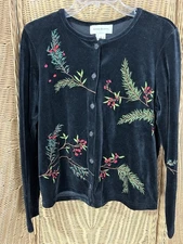 susan bristol cardigan Velvet Winter Pine Sprigs Berries Medium Christmas