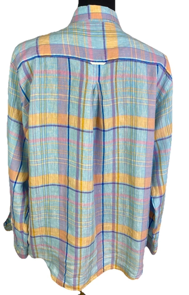 Camisa Mine Para Hombres XL Madras Cuadros 100% Lino Ligera Oculta Con Botones Foto 4 de 4