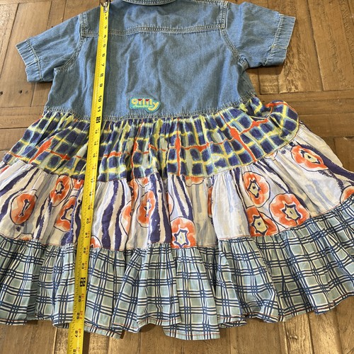 Oilily Vintage Denim Mixed Media Twirl Dress Kids 10 Plaid Western Prairie 90s - Picture 8 of 11