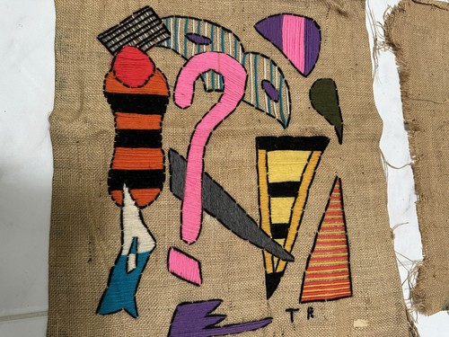 2-VTG Throw Pillow Burlap Fabric Pieces Embroidered Designs Handmade In Oaxaca - Picture 6 of 8