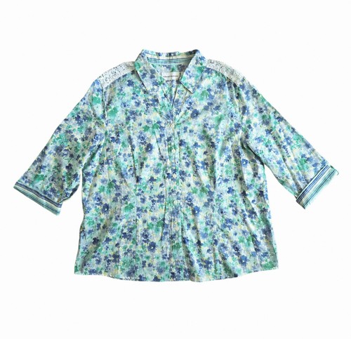 Alfred Dunner Women's Top Blue Green Floral Button-down 3/4 Tab Sleeves Size 18