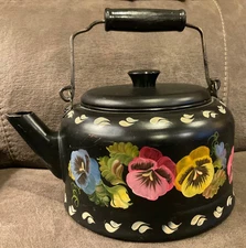 Vintage Floral Hand Painted Coffee Tea Pot Kettle Large 10" Folk Art. Signed