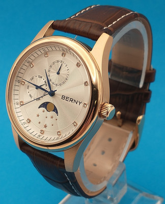 BERNY Men's Moonphase Day/Date Watch, Rose-Goldtone, Brown Leather, 38mm, Mint