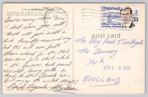 s25473 LSU Memorial Tower cars Baton Rouge Louisiana USA postcard 1983 stamp - Picture 3 of 3