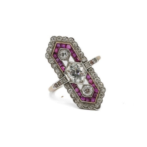 Art déco Ring mit Altschliff Diamanten 1,60 ct. und Rubinen in 585 Gold Gr. 50