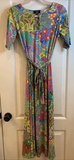 MSK Retro Bright Colorful Maxi Dress Size Small Short Sleeve Metal Keyhole Neck