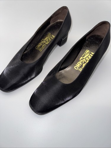 salvatore ferragamo women pump Block heel size 6.5 shoes Sateen In Black - Picture 2 of 10