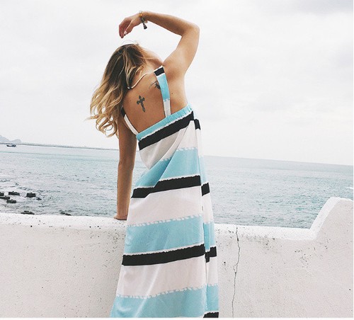 Blue White Stripe Chiffon Jumper V Neck Skirt Sleeveless Dress Swing Sundress - Picture 6 of 12